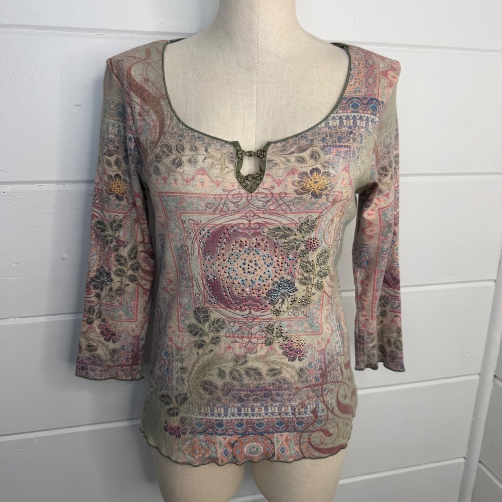 One‎ World Large Y2K Fairycore 3/4 Sleeve Shirt Rhinestones Eclectic Boho